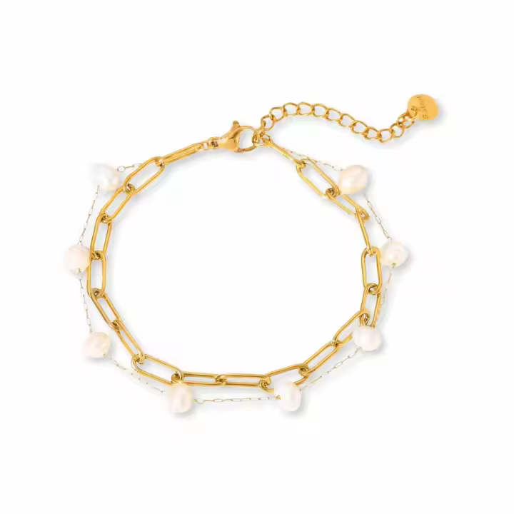 GOLDENCAT Pulsera elegante de acero con perlas para mujer, perlas de río, longitud extendida de la pulsera 16 cm, acero inoxidable, chapado en oro de 14k - 1