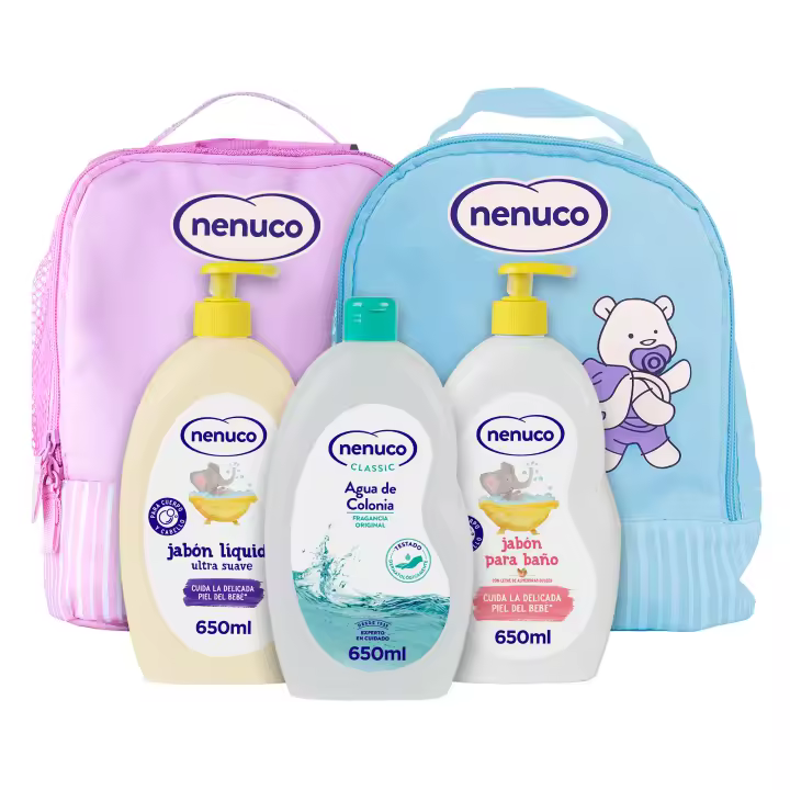 Pack Nenuco Jabón Líquido 650 ml + Agua de Colonia 650 ml + Jabón de Baño 650 ml + Mochilas Rosa y Azul - 1