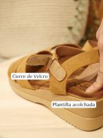 HLUNA - Sandalias de cuña baja con doble tira con efecto Ante - Sandalias de mujer para verano con pulsera al tobillo de velcro Negro y Marrón Camel s322-9 - details 5