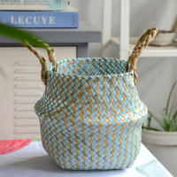 Bolsa De Almacenamiento Bohemia De Paja Con Estampado Rayado Y Florales Hecha a Mano Plegable Para Ropa Jardín Maceta - details 4