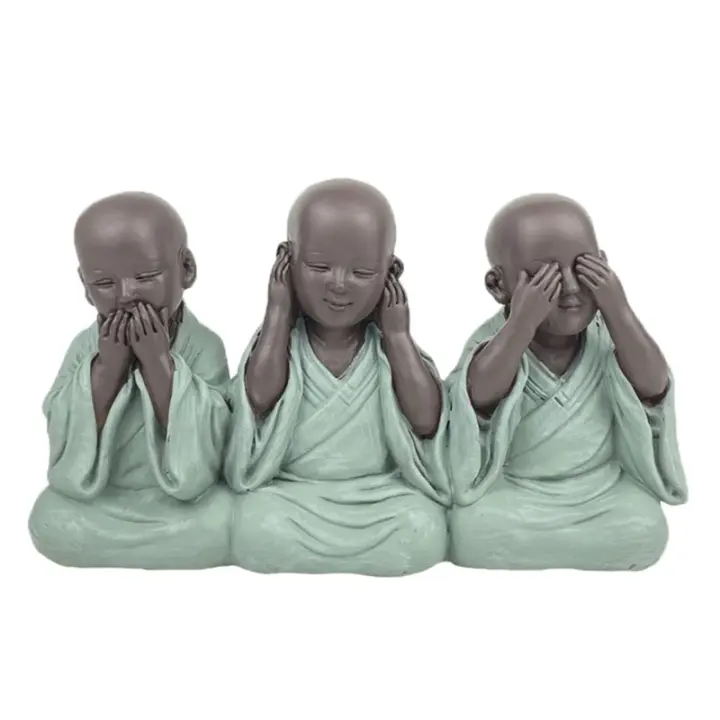SIGNES GRIMALT Signes Grimalt By SIGRIS - Figura Monje No Ve-oye-habla Verde de Resina | Figura de Buda Decorativa para Salón - 1