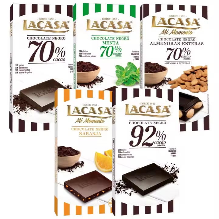 Pack Lacasa 5 deliciosas tabletas de chocolate de distintos sabores y tamaños: naranja ,negro , menta ,cacao 92% , almendra 200g - 1