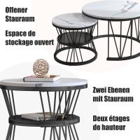 Set de Mesas de Centro Redondas 70/45 cm, Diseño Nido con Estructura en V Negra, Tablero Efecto Mármol Blanco, MDF Moderno para Salón - details 1