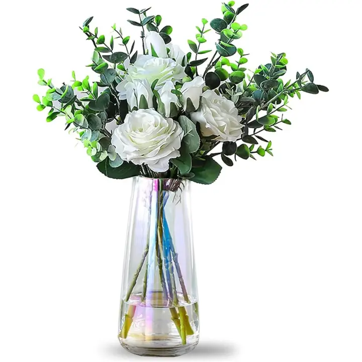 Jarrón alto de cristal colorido con flores irisadas, decoración moderna para centros de mesa de dormitorio, jarrón de 22 x 10 cm, centros, - 1