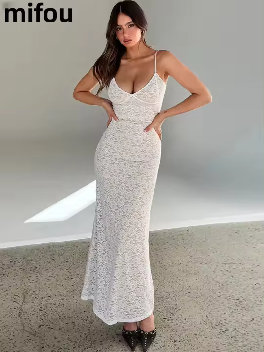 Vestido Maxi De Malla Kliou Para Mujer Elegante Con Tirantes Y Corte Hollow out Ajustado Alta Calle Trendy Ropa De Fiesta - 1