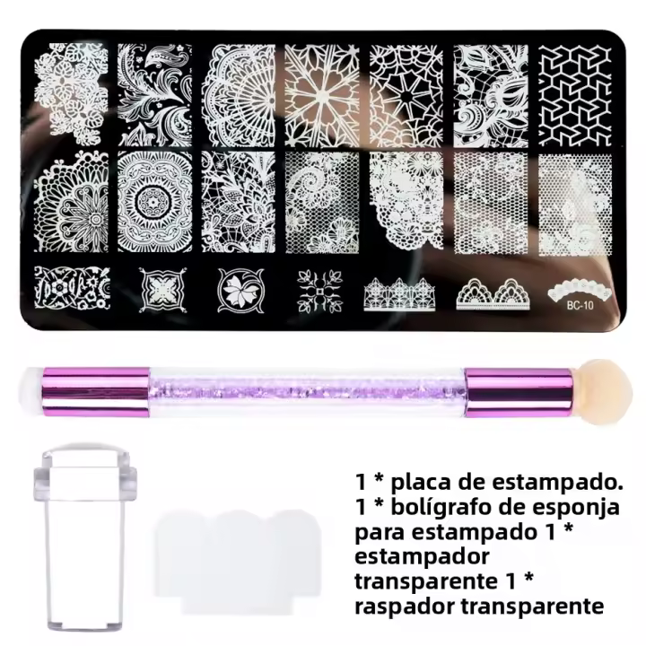 Set De 4 Piezas De Arte De Uñas Con Placas De Estampado De Pétalos Y Encaje Herramientas De Lámina De Imagen Y Brocha De Uñas Material De Acero Inoxidable - 1