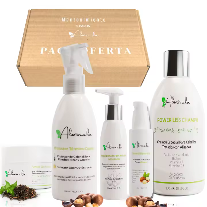 Kit Capilar 5 Pasos Mantenimiento Cabello Sin sulfatos Ni Parabenos 100% Vegano - Champú + Mascarilla + Serum + Acondicionador Sin Aclarado + Protector Termico Capilar Aluminalia - 1