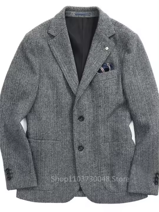 Chaqueta De Tweed De Lana Para Hombre Chaqueta De Traje De Invierno Cierre Simple Estilo Formal Con Notch Lapel Abrigo Herringbone - 1