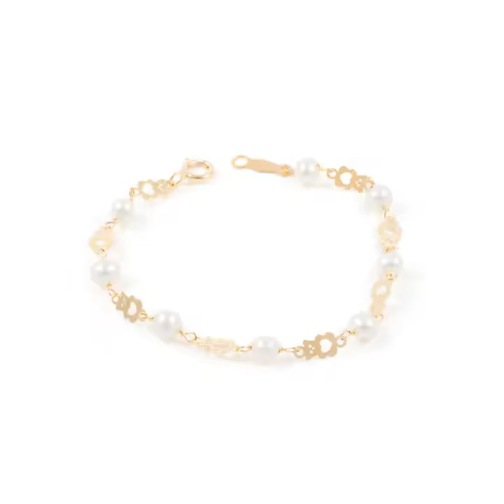 Pulsera Niña Oro Amarillo 9K Perla Redonda 4 mm Oso Brillo 14 cm - Mondepetit - 1