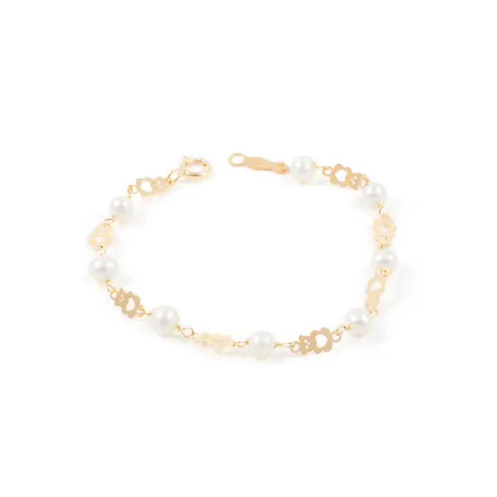 Pulsera Niña Oro Amarillo 9K Perla Redonda 4 mm Oso Brillo 14 cm - Mondepetit - 1