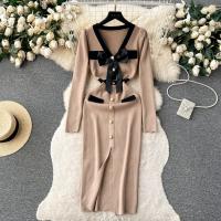 YuooMuoo Vestido Elegante Bodycon Para Mujer Con Cuello V Y Lazo Manga Larga Split Frontal Estilo Oficina Lady Chic Para Fiesta Y Trabajo - details 5