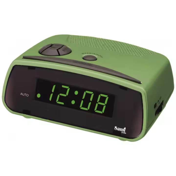 Reloj Despertador Mini Digitos Verde a corriente con pila de apoyo - 1