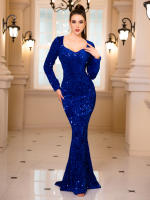 Vestido De Noche Para Mujer Largo Con Mangas De Sequinias Azul Elegante Vestido De Fiesta Prom Invierno 2024 Corte De Corte Court Traje De Baño De Verano - details 2
