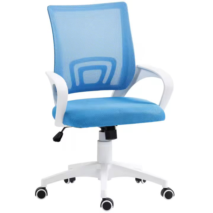 HOMCOM Silla de Oficina de Malla Silla de Escritorio Giratoria con Altura Ajustable Función de Basculante Soporte Lumbar y Reposabrazos Silla para Estudio Carga 120 kg Azul Claro - 1