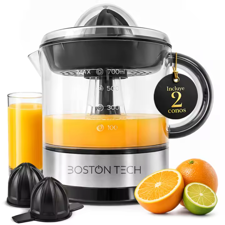 MasterJuicer: Exprimidor Eléctrico de Cítricos  700 ml, Doble Sentido de Giro, 40W  2 Conos, BPA Free, Antigoteo, cubierta antipolvo y Apto para Lavavajillas  Marca Española Eco-Friendly. Boston Tech - 1