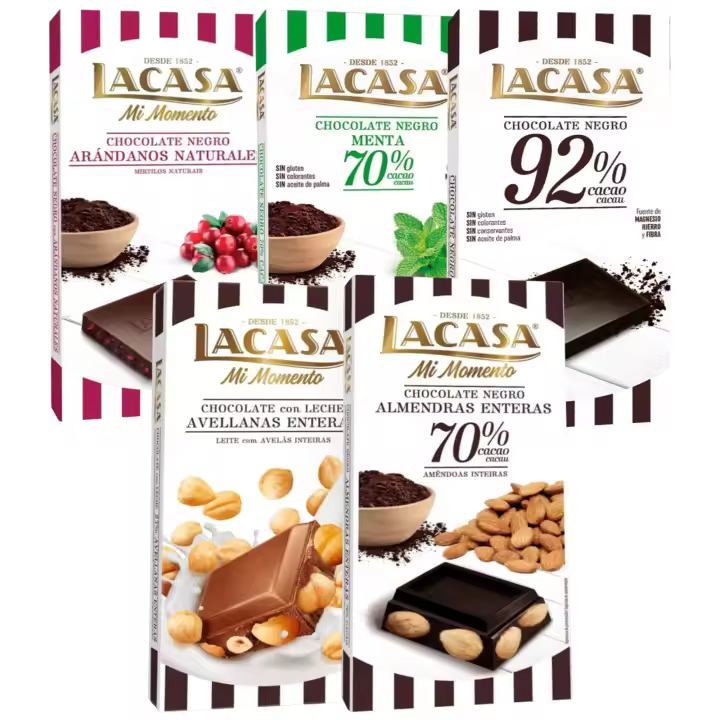 Pack Lacasa 5 deliciosas tabletas de chocolate:leche avellana 200gs , arandanos , menta ,cacao 92% , almendra - 1