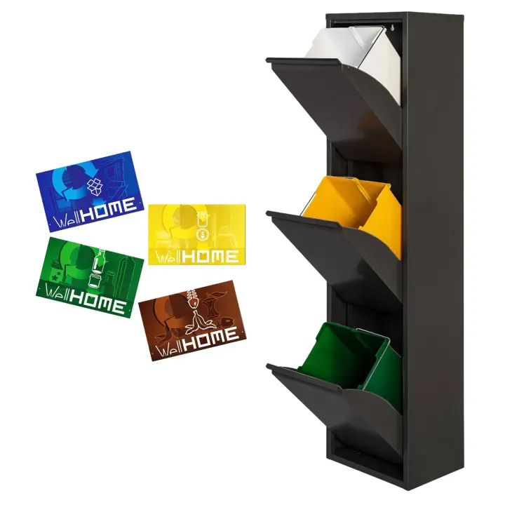 Cubo de Basura y Reciclaje Metálico Wellhome 3 Compartimentos + 4 Etiquetas Magnéticas - 1