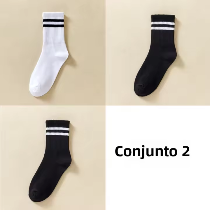 FINETOO Calcetines Unisex Estilo Harajuku Con 3 Rayas En Colores Sólidos Algodón Casuales Para Parejas Skateboard Negro Blanco - 1