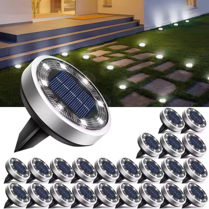 2 Paquetes Luces Solares LED Exterior Jardin Suelo, 8 LED Luz Solar Exterior Jardin, IP65 Impermeable Lamparas Solares Camino, Césped, Patio (Blanco Cálido) - 1