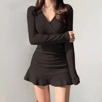 Vestido Mini Elegante De Mujer En Negro Con Cuello V Manga Larga Volantes Y Ajustado Estilo Y2k Para Otoño Ropa Moda - details 3