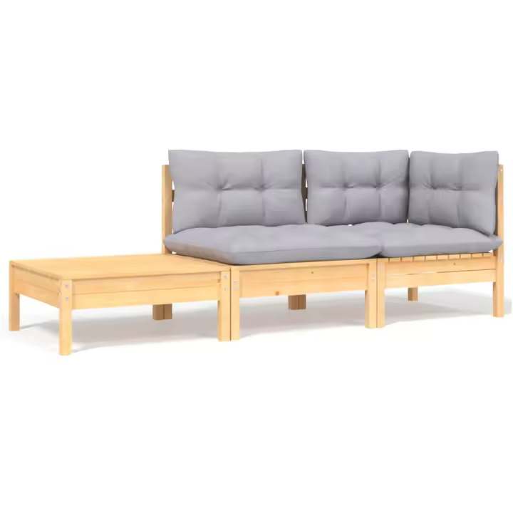 vidaXL Muebles de jardín 3 piezas madera maciza pino con cojines crema en color Natural y crema/Marrón miel/Marrón y gris | acolchados duraderos para sofás de jardín terraza exterior - 1