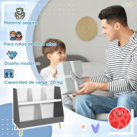 HOMCOM Estantería para Juguetes para Niños Organizador Infantil de 2 Niveles con 5 Compartimentos y Patas de Madera de Pino para Guardería Sala de Juegos 80x34x72,5 cm Gris y Blanco - details 3