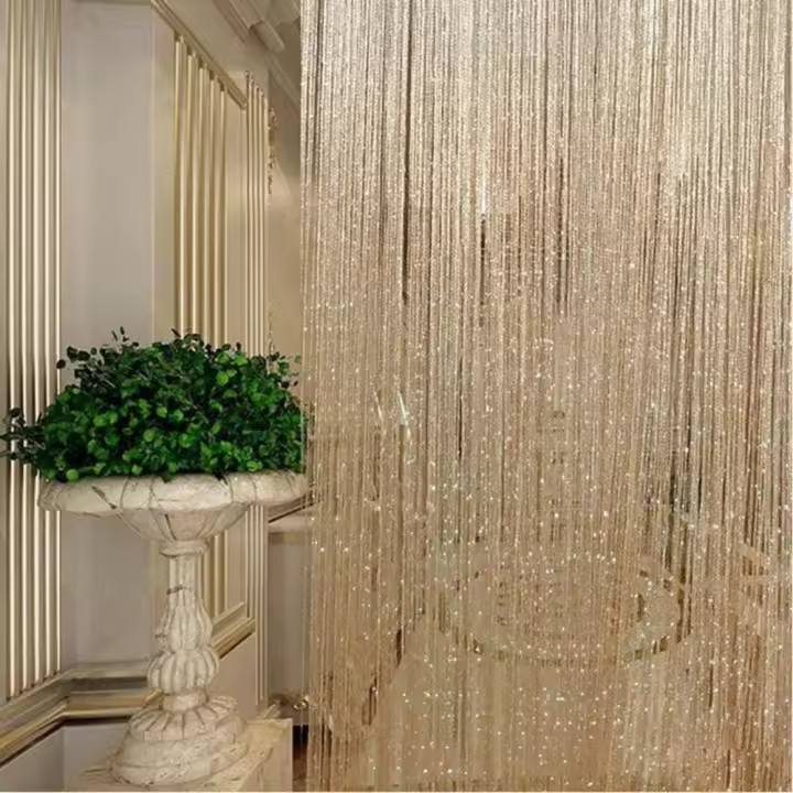 Cortina de alambre (dorada) - Divisor de puerta Dewdrop - 90 x 200 cm - Cadena plateada y tela de cortina - Ayuda a mantener alejadas a las moscas - 1