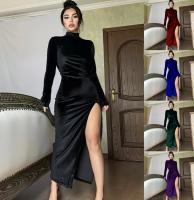 Vestido De Veludo Largo Para Mujer Estilo Europeo Y Americano Cuello Alto Con Pliegues Y Abertura En La Pierna Vestido Sexy De Fiesta De Invierno - details 1