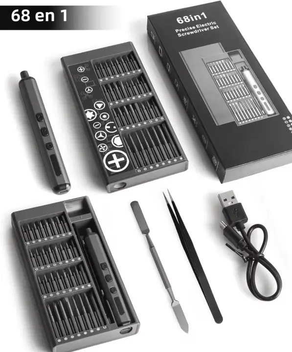 Kit De Herramienta De Destornillador Eléctrico Portátil 68-en-1 Con 64 Brocas S2 De Precisión 5 Ajustes De Torque Y 4 Luces LED Para PC Cámara - 1