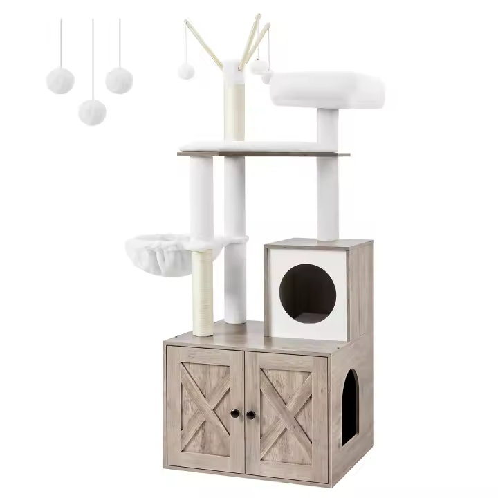 Feandrea Árbol para Gatos con Arenero Oculto, Rascador Moderno 2 en 1, Casa con Palos y Pompones Movibles, Gris/Marrón Rústico - 1