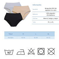 FEVI | Pack de 6 Braguitas Bikini Tiro Alto | 95% Algodón | Suaves y Transpirables | en 1 o 3 Colores: Negro, Beige, Blanco - details 1