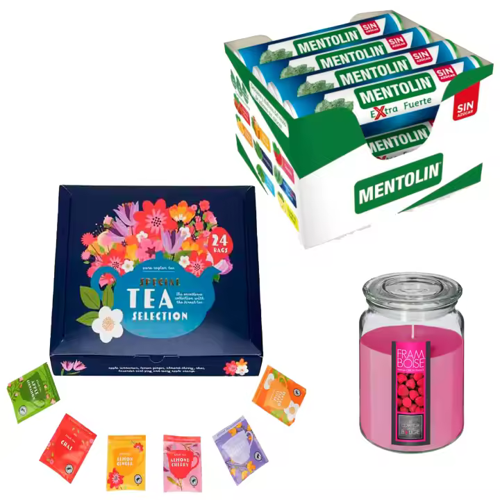 Pack relax: MENTOLIN EXTRA FUERTE S/A TUBO 12X20G + Vela perfumada de frambuesa + Set de Te con 24 bolsitas con diferentes sabores y aromas - 1