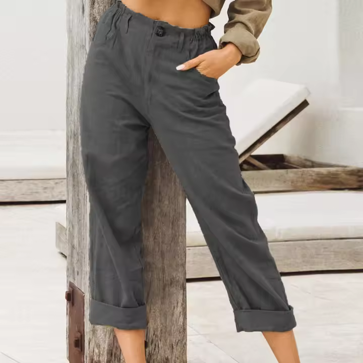 Pantalones Largos De Algodón Y Lino Para Mujer Primavera 2024 Negro Con Bolsillos Y Botones Estilo Casual Elegante Moda Nueva - 1