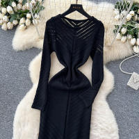 Vestido Largo Vintage De Cintura Alta REALEFT Para Mujer Con Cuello Redondo Manga Larga Y Abertura Lateral Vestido De Encaje Tricotado - details 7