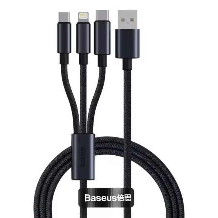 Cable De Carga Rápida 3 En 1 Baseus USB Tipo C 3.5A Para iPhone 15 14 Xiaomi Huawei Línea De Datos Mecánica Enredada - 1