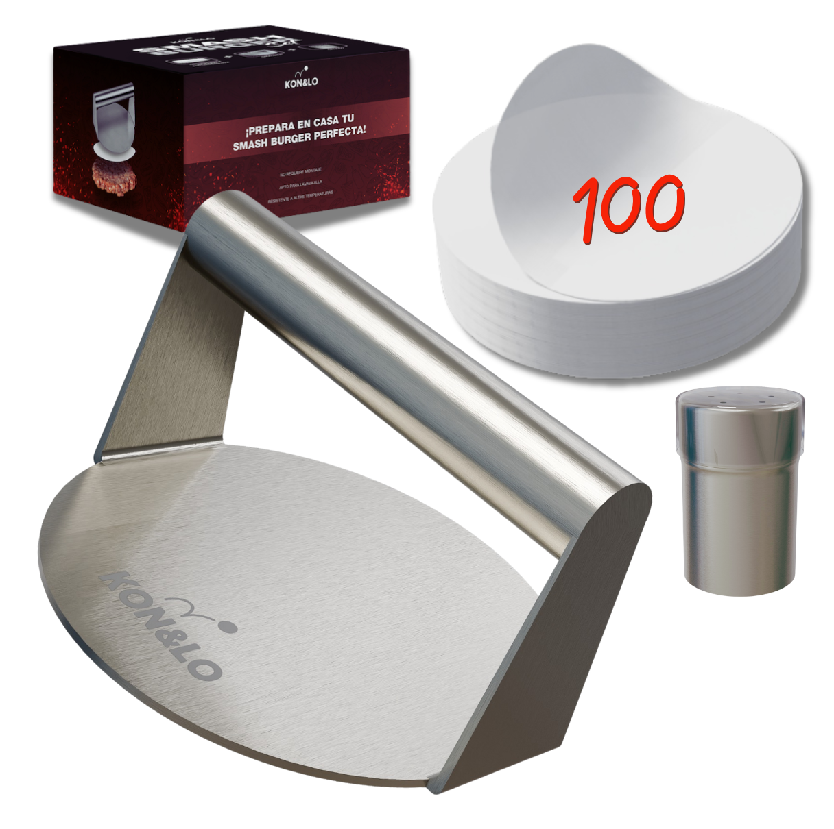 Prensa para Hamburguesas Smash Burger KON&LO – Kit Completo con Accesorios en Acero Inoxidable, Perfecto para Cocina, Parrilla o Sartén, Fácil de Usar y Limpiar
