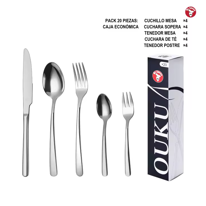 Mr.Spoon Serie Esencia Juego 20, 30 o 36 piezas cubiertos, Acero Inox 18/0, Económico y funcional,Incluye cuchillo de carne o mesa, tenedor,cuchara,cucharilla,etc, Mango monobloque,Apto para lavavajillas,Empaque ecológico,Ideal para casa,hotel,restaurante - 1