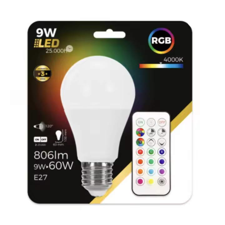 ORION91oficial® - Pack X 4 unidades, Bombilla LED A60 E27, Estándar 9w (=60w) 806lm, RGBW Con Mando, 25000h Foco, Iluminación, Aplique, Lámpara, Bombilla - spaziOrion91 - 1