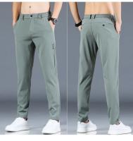 Pantalones Casuales Para Hombre Verano 2024 Estilo Coreano Elásticos Rectos Ajustados Cómodos Trajes Negocios Verde Militar - details 23