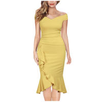Vestido Elegante Para Mujer De Encaje Con Volante Y Cintura Ajustada Vestido De Fiesta Con Hombros Descubiertos Y Abertura En La Pierna Vestido Clásico De Cintura Alta Y Acolchado - details 8