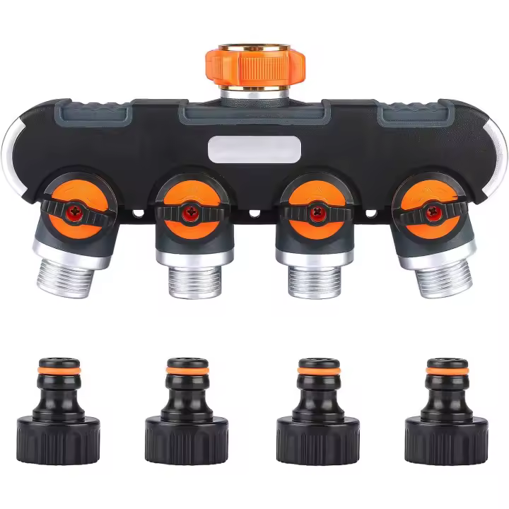 Distribuidor de 4 vías, divisor de manguera, distribuidor de flujo de agua bloqueable ajustable para riego de jardín conector de 3/4'' - 1