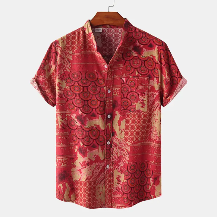 Camisa Havaiana Para Hombres Verano Manga Corta Estilo Boho Patrón Geométrico Casual Blusa De Playa Poliéster Y Algodón - 1