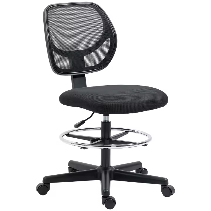 Vinsetto Silla de Oficina Ergonómica con Silla de Dibujo Anillo de Pie Ajustable Silla Giratoria de Altura Regulable 93-113 cm Silla de Escritorio con Ruedas Silla de Trabajo Negro - 1