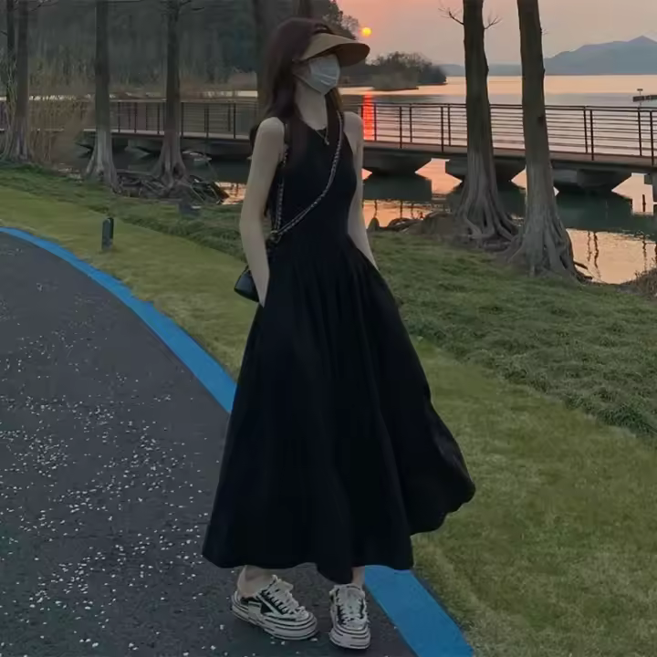 ZMZBCH Vestido Negro De Verano Estilo Hepburn Con Cintura Ajustada Y Falda De Swing Grande Sin Mangas Vestido Largo A-Line Para Mujer - 1