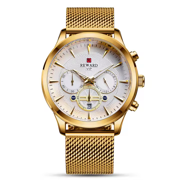 Reloj De Negocios REWARD Para Hombre Con Movimiento De Cuarzo Calendario Completo Resistente Al Agua Acero Inoxidable Dorado Moda Casual - 1