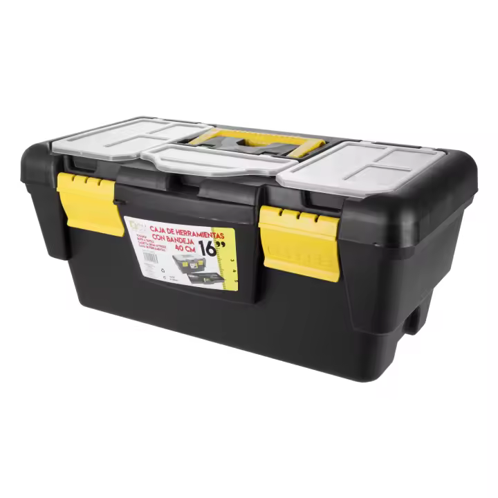 Caja de Herramientas Grande 40 cm 16" Plástico con Bandeja Interior y 7 Compartimentos Organizadores en la Tapa. Maletín de Plástico 16" Resistente y Práctico para Taller, Hogar o Profesional - 1