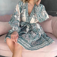 Vestido Elegante De Mujer VEITCHE Casual Largo Manga Larga V-Neck Cinturado Estampado A-Line Rodilla Largo Primavera Verano - details 4