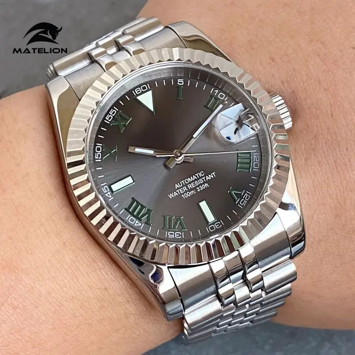 Reloj De Buceo Matelion 200M Impermeable Con Pantalla De Esmeralda Número Romano Verde Oscuro Y Dial Gris NH35A Correa De Acero Para Hombres 36mm 39mm - 1