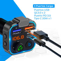 Transmisor FM Bluetooth 5.0 para Coches - 3 Puertos Carga: x 2 USB QC3.0 + x1 PD 3.0 Tipo C 20W, Función Manos Libres, Cancelación de Ruido, Carga Rápida, Botón B: Bajos Profundos Hi-Fi (Altavoz) - details 4