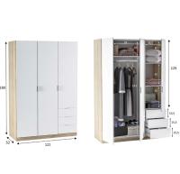 Meimon Armario ropero de 3 puertas y 3 cajones con barra de colgar extraíble, estantes regulables en altura y tiradores lacados en blanco; fabricado en melamina TIPO E1 y MDF lacado, acabado en Roble Canadian y Blanco Artik - details 3